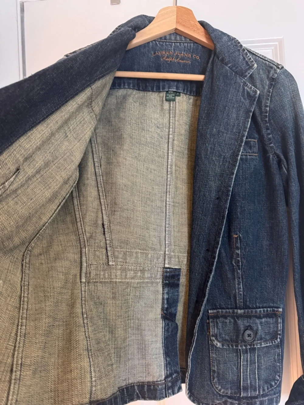 Ralph Lauren Denim Blazer Jacket with Brown Leather Patch - Women's Blue Jacket - Picture 4 of 6